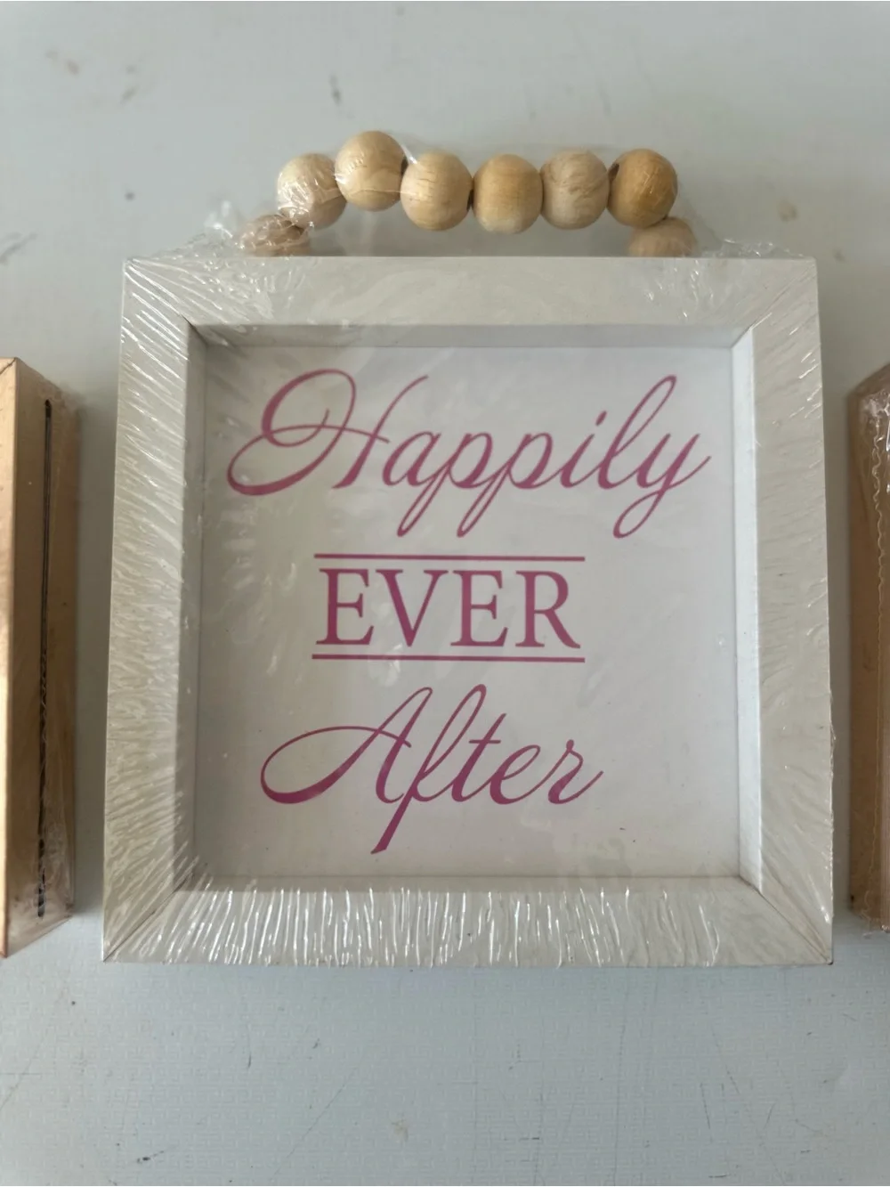 Happily Ever After Wall Frame Trio with Pink Heart Accents. Wedding Decor Signs